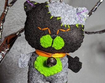 Franke-Neko Kitty Ornament - Gray & Black with Green accents