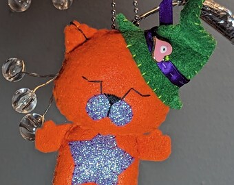 Witch Neko Kitty Ornament - Orange glitter Purple Green