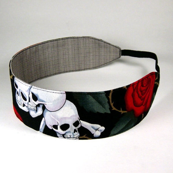 Reversible Headband - Roses for the Dead - Black White Grey Skulls Red Roses and Grey Woven