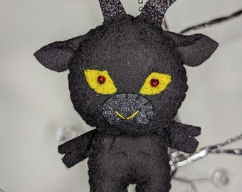 Black goat named Phillip Keychain Ornament - Black & Yellow with Red bead eyes