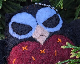 Grumpy Owl Keychain Ornament - Black & Burgundy Red