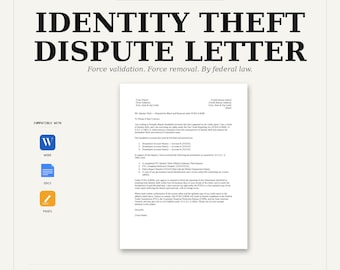 Può includere: Un modello digitale per una lettera di contestazione per furto d'identità con il testo Force validation. Force removal. By federal law. Il documento include segnaposti per informazioni personali ed è compatibile con Word, Docs e Pages.