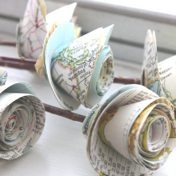 rolled paper roses. repurposed atlas.  recylced maps. small. set of 5