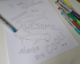 Sharks Are Cool Coloring Page, Printable Digital Download PDF