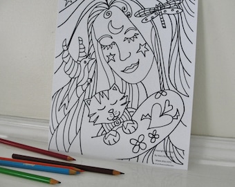 Nature Girl Hippy and Cat Animals Coloring Page for Adults and Children Downloadable Digital PDF File