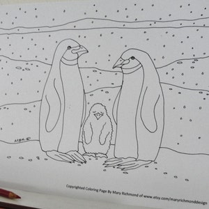 Cute Penguin Family Coloring Page for Adults Classrooms and Children, Downloadable PDF File image 1