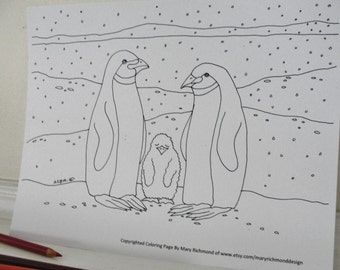 Cute Penguin Family Coloring Page for Adults Classrooms and Children, Downloadable PDF File