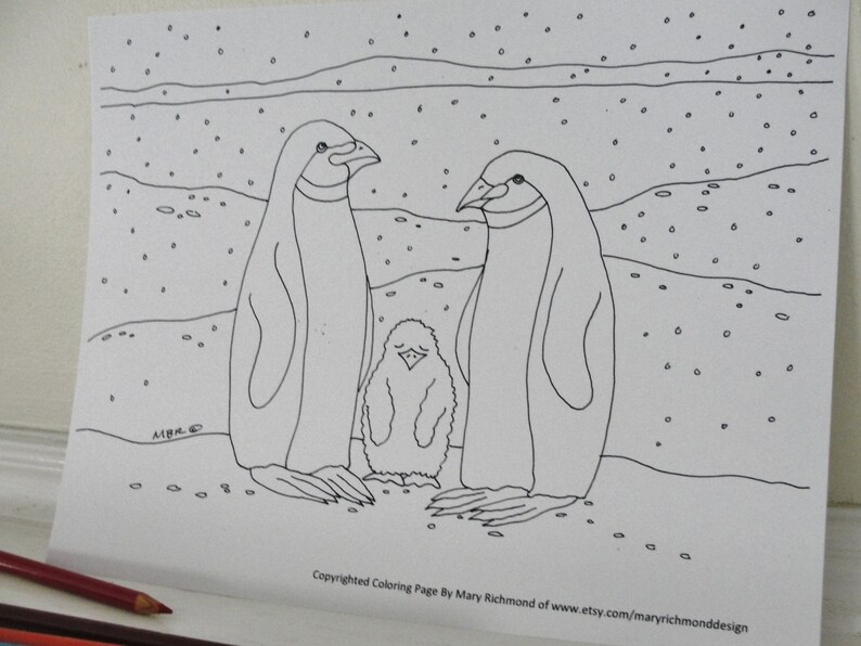 Cute Penguin Family Coloring Page for Adults Classrooms and Children, Downloadable PDF File image 1