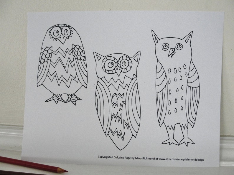 Whimsical Owl Bird Coloring Page for Adults and Children, Downloadable PDF File image 1