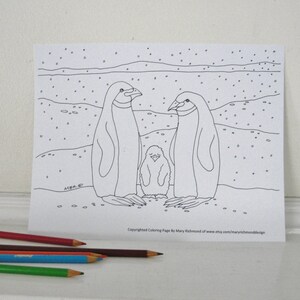 Cute Penguin Family Coloring Page for Adults Classrooms and Children, Downloadable PDF File image 2