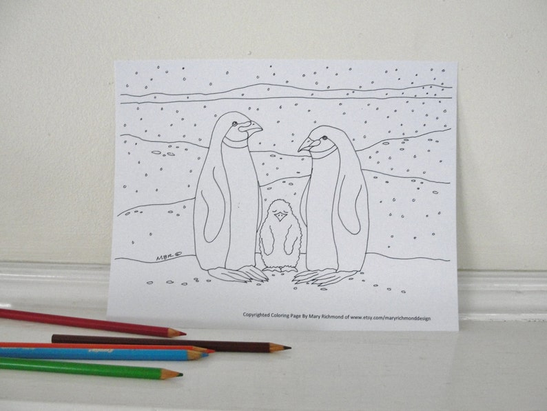 Cute Penguin Family Coloring Page for Adults Classrooms and Children, Downloadable PDF File image 2