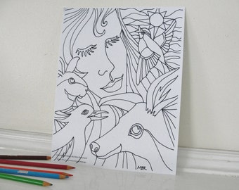 Hippy Nature Girl or Woodland Woman with Deer Coloring Page for Adults and Children, Downloadable PDF File