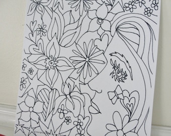 Hippie Nature Flower Girl Woman Coloring Page for Adults Classrooms Parties and Children, Downloadable PDF File