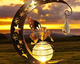 Solar Fairy LED Light, Magical Outdoor Ambiance, Waterproof Outdoor Solar Lighting, garden lights, Metal moon statue, Garden decoration