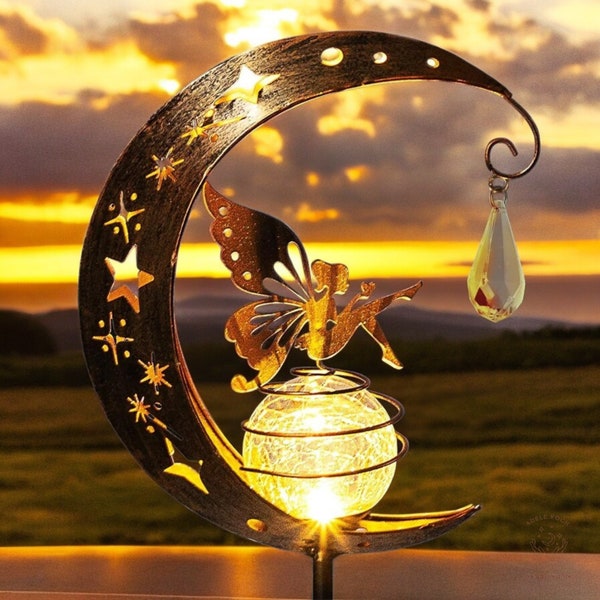 Solar Fairy LED Light, Magical Outdoor Ambiance, Waterproof Outdoor Solar Lighting, garden lights, Metal moon statue, Garden decoration