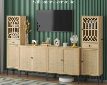 Double-pack of tall, rattan cabinet with storage, entertainment center, and media console for TVs up to 70" with fretwork pattern doors.