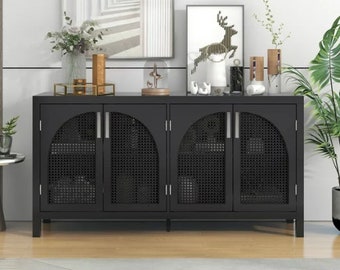 Sideboard Cabinet with Adjustable Shelves and Metal Handles on Rattan Doors 333 lbs. of load capacity. Versatile Storage Cabinet.