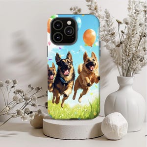 Funda rígida para teléfono con diseño de pastor alemán de dibujos animados: regalo para amantes de los perros, diseño de globos, funda protectora para teléfono, accesorios para amantes de los animales
