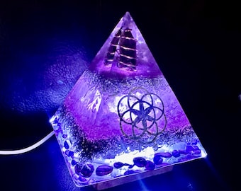 Lighted Amethyst Orgonite Pyramid – Energy Harmonizing Night Light