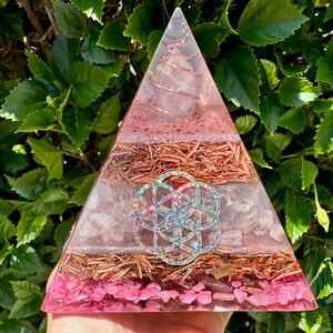 Rose Quartz Orgonite Pyramid -  Large Pyramid Orgone Generator - With Copper, Neodymium Magnet, Selenite