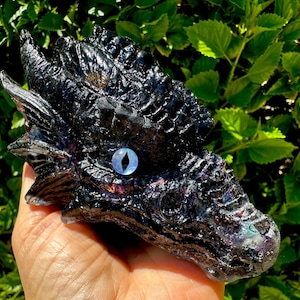 Black Obsidian and Shungite Orgonite Dragon: With Indigo Steel and Selenite