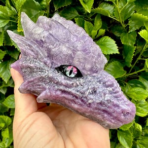 May include: A sculpted dragon head figurine crafted from translucent purple material with a crystalline texture. The dragon features prominent horns, a textured snout, and a single visible eye with a black vertical pupil and a pink iris.