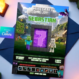 Pixel Block Birthday Invitation Boy, Printable Gaming Party Invite, Green Purple Nether Portal Digital Evite, Zombie Skeleton Kids Invite