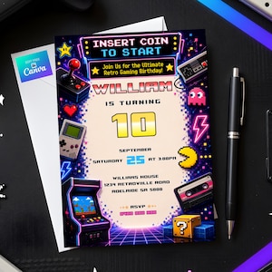Retro 80s Gaming Birthday Invitation, Arcade Level Up Party Invite, Boy Editable Digital Template, Neon Pixel Kids Printable Card