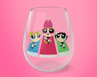 The Power Puff Girls, Bubble, Buttercup,Cute Stemless Wine Glass, 11.75oz, Wine Party, Wine Tasting, Housewarming, Homemade