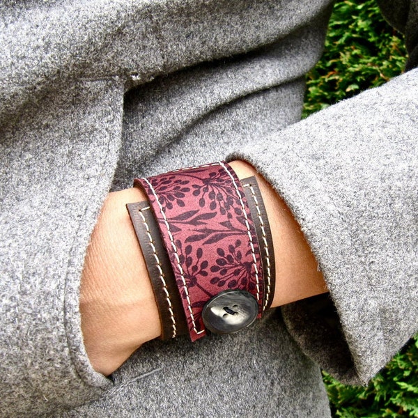 Women's Wrap Bracelet - Leather Cuff - Flower Bracelet - Leather Gift - Modern Bracelet - Nature Jewellery - Unique Bracelet - Gifts for Her