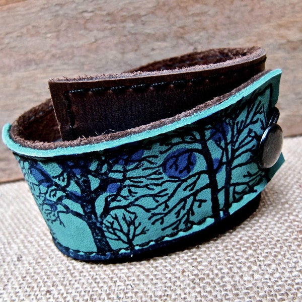 Leather Cuff - Bracelet Wrap - Tree Silhouette - Turquoise Leather - Gift for Him - Stamped Leather - Tree Cuff -