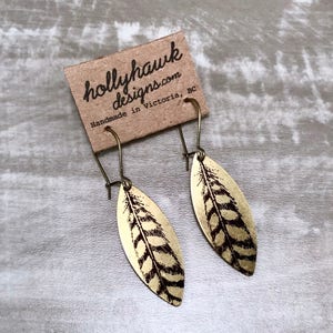 Raw Brass Earrings Hand Printed Feather Oblong Earrings Modern Boho Boho Earrings Feather Earrings Golden Earrings Gift for Her image 1