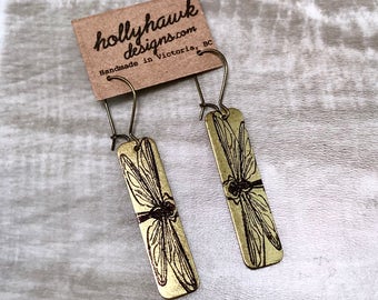 Brass Earrings - Hand Printed - Dragonfly Jewelry - Rectangle Drop Earrings - Dragonfly Earrings - Raw Brass Jewelry - Gift for her -Unique