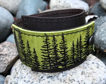 Leather Cuff Bracelet Wrap, Wilderness Pine Tree - Green Leather Adjustable Size Cuff - Mens Leather Cuff - Unique Gift - Nature Jewelry