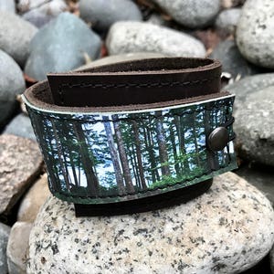 Leather Cuff Wrap Leather Bracelet West Coast Forest Printed Leather Genuine Leather Nature Gift Tree Cuff Unisex Leather Cuff image 3