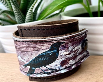 Leather Cuff - Unisex Wrap Cuff - Raven Bracelet - Crow Jewelry - Black Crow - Witchy Bracelet -Witchcraft Jewelry - Leather Bracelet Women