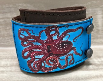 WIDE Leather Cuff - Unisex Wrap Bracelet - Octopus Image - Adjustable Size Cuff - My Octopus Teacher - Printed Leather - Gift for Him