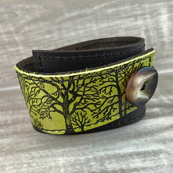 Leather Cuff Wrap - Womens Bracelet Wrap - Tree Silhouette Print - Green Leather - Nature Inspired - Printed Leather - Nature Inspired