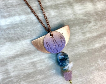 Copper Necklace -Semi Circle Jewelry - Leather Necklace - Face Necklace -  Boho Jewelry - Unique Gift - Gemstone Jewelry -Matching Set