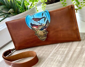 Leather Long Passport/ Phone Wallet - Chestnut Brown- Lark Bird Print - Wrist Strap & Zipper Pocket
