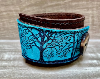 Leather Cuff - Bracelet Wrap - Tree Silhouette Print - Turquoise Leather Bracelet - Unique gift - Leather Gift - Boho Wrap - Tree of Life