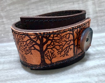 Leather Cuff Bracelet Wrap - Tree Silhouette Print - Brown Leather Cuff - Unisex Leather Bracelet - Stamped Leather - Gift for Her - Unique