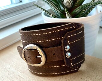 Wide Brown Leather Cuff Bracelet – Wide Silver or Brass Buckle Wrap - Unisex Design