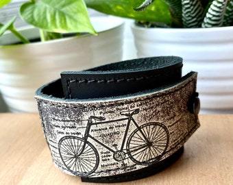 Leather Cuff Unisex Wrap - Bicycle Print- Genuine Leather - Bike Cuff - Bicycle Bracelet - Gift for Him -Women's Wrap Bracelet- Leather Gift