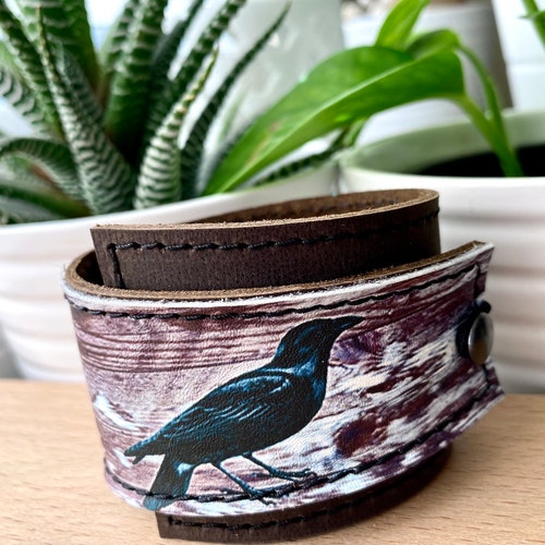 Leather Cuff - Unisex Wrap Cuff - Raven Bracelet - Crow Jewelry - Black Crow - Witchy Bracelet -Witchcraft Jewelry - Leather Bracelet Women