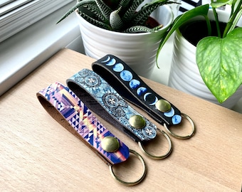 Leather Belt Key Fob - Belt Snap Keychain - Leather Lanyard - Modern Boho - Moon Phases -Crystal Image -Leather Gift -Leather Belt Key Ring