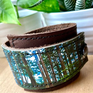 Leather Cuff Wrap Leather Bracelet West Coast Forest Printed Leather Genuine Leather Nature Gift Tree Cuff Unisex Leather Cuff image 1
