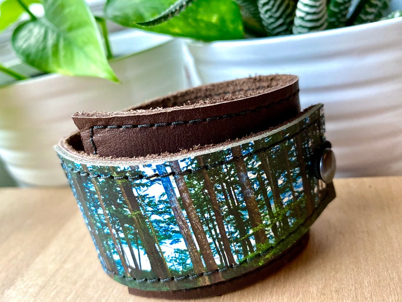 Leather Cuff Wrap Leather Bracelet West Coast Forest Printed Leather Genuine Leather Nature Gift Tree Cuff Unisex Leather Cuff image 1