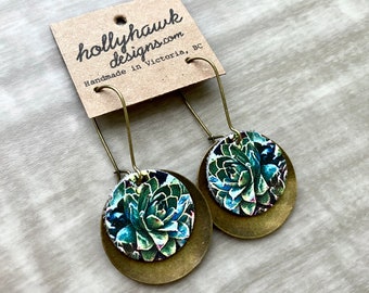 Brass Earrings - Leather Jewelry - Succulants Print - Genuine Leather - Nature Jewellery - Plant Lover Gift - Gifts for Her - Green Thumb