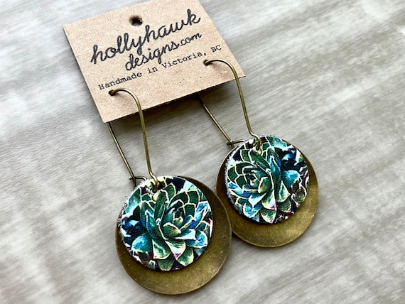 Brass Earrings - Leather Jewelry - Succulants Print - Genuine Leather - Nature Jewellery - Plant Lover Gift - Gifts for Her - Green Thumb